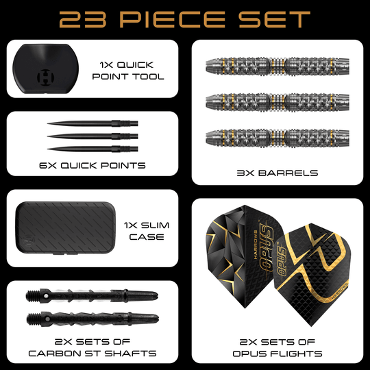 Dardos de acero Harrow's Opus Quick Point Auf dem Bild sind die Harrows Opus Quick Point Steeldarts mit 23g zu sehen. Diese Darts eignen sich für das Steeldartspiel.