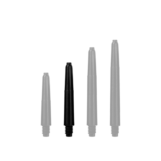566_Nylon_Shafts_Schwarz_35mm_1rkfywb7QCdRbL Das Bild zeigt vier schwarze Nylon Shafts in unterschiedlichen Längen. Sie sind gerade und verfügen am unteren Ende über ein Schraubgewinde.