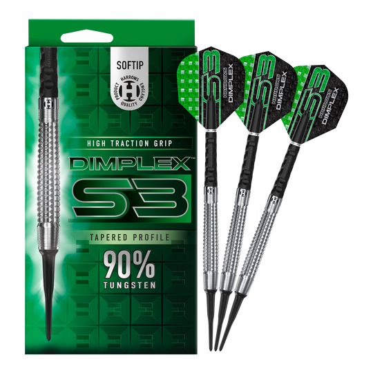 Dardos suaves cónicos Harrows Dimplex S3 Das Bild zeigt eine Packung und drei Softdarts der Marke "Harrows Dimplex S3 Tapered". Die Darts bestehen zu 90 % aus Tungsten und haben eine hohe Grifftraktion.