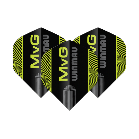 Winmau Prism Delta MvG Texto Negro Verde No2 Vuelos Estándar Das Bild zeigt die Winmau Prism Delta MvG Black Green Text No2 Standard Flights. Es handelt sich um Dart-Flights in Schwarz und Grün mit Text-Design.