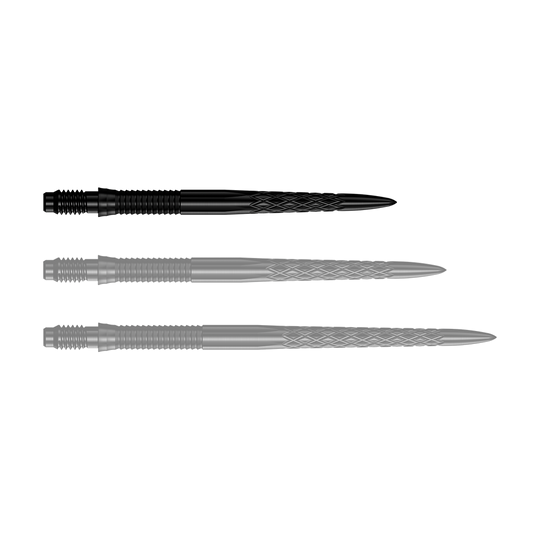 Puntas de dardo Mission R2.5 Rapid Point DSX - Negras Das Bild zeigt eine Reihe von schwarzen Dartspitzen mit der Bezeichnung 30mm. Die Spitze ist für den Einsatz in Darts geeignet.