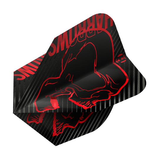 Plumas Harrows Rage Red No6 Das Bild zeigt das Produkt "Harrows Rage Red No6 Flights". Die Flights sind schwarz mit roten Grafiken und Streifen verziert.