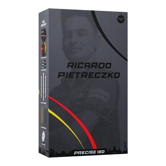 Dardos de acero Precise 180 Ricardo Pietreczko GEN1 Precise 180 Ricardo Pietreczko GEN1 Steeldarts zeigen das Design dieser hochwertigen Dartpfeile. Diese Darts sind ideal für Wettkampfspieler.