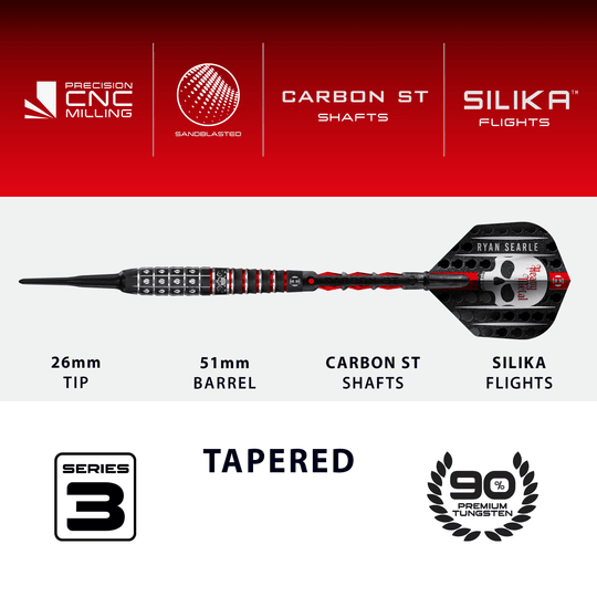 Dardos blandos Ryan Searle Serie 3 de Harrow Das Bild zeigt die Harrows Ryan Searle Series 3 Softdarts. Diese Dartpfeile sind für den Softdartbereich konzipiert.