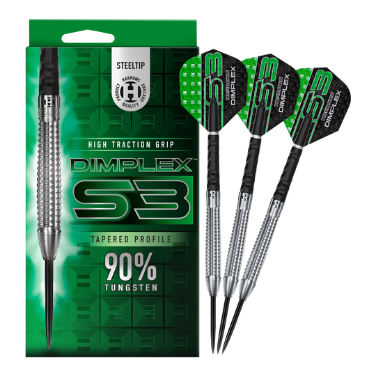 Dardos de acero cónicos Harrows Dimplex S3 Das Bild zeigt die Harrows Dimplex S3 Tapered Steeldarts mit einer auffälligen grünen Verpackung. Drei Steeldarts aus 90% Wolfram sind neben der Verpackung abgebildet.