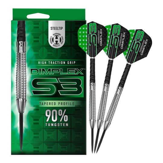 Dardos de acero cónicos Harrows Dimplex S3 Ein weiteres Bild der Harrows Dimplex S3 Tapered Steeldarts. Die Darts liegen nebeneinander.