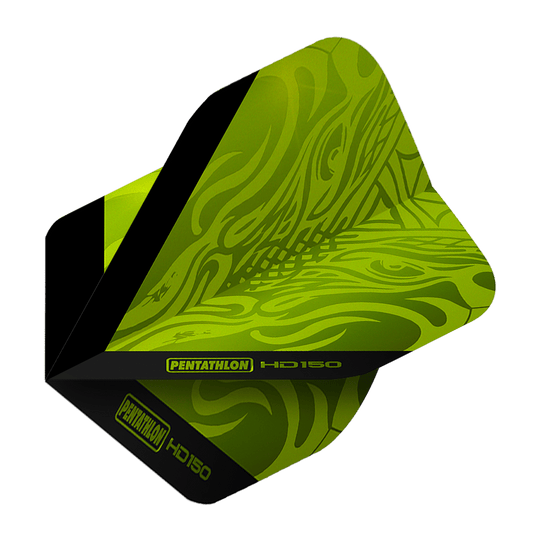 Plumas estándar Pentathlon HD150 verde metalizado Das Bild zeigt ein Dartflight in Metallic-Grün mit dem Produktnamen "Pentathlon HD150". Auf dem Flight sind schwarze Akzente und der Schriftzug "Pentathlon HD150" zu sehen.