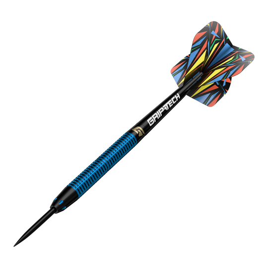 Dardos GOAT Athlete de latón azul - 12 g Dies ist der GOAT Athlete Blue Brass Steeldart mit einem Gewicht von 12g. Er hat ein auffälliges, bunt gemustertes Flight und einen blau-schwarzen Schaft mit der Aufschrift "GRIPTECH".