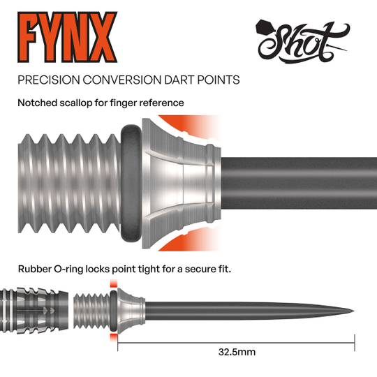 Puntos de conversión Shot Fynx - 32 mm Dieses Bild stellt die Shot Fynx Conversion Points mit 32 mm Länge dar. Die Dartspitzen sind für eine einfache Umrüstung geeignet.