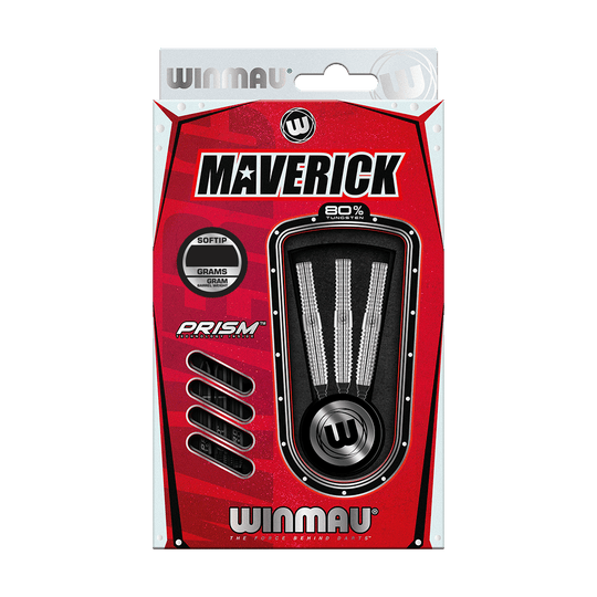 2465_Winmau_Maverick_Softdarts_3 Das Bild zeigt eine Verpackung der Winmau Maverick Softdarts mit 20 Gramm. Die Verpackung ist rot und enthält drei silberne Darts mit Prism-Schäften.