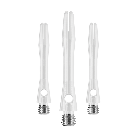 Das Bild zeigt drei weiße Harrows Keramic Shafts für Darts. Sie haben einen glänzenden Metallgewinde am unteren Ende.