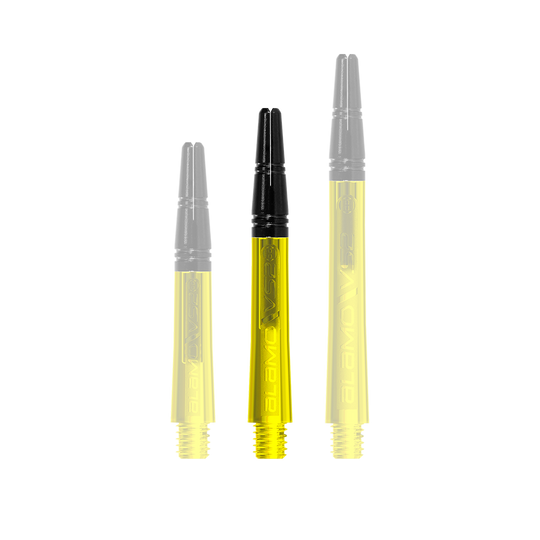 Auf dem Bild sind drei gelbe Dartschäfte mit schwarzem Kopf zu sehen. Sie stehen nebeneinander und haben unterschiedliche Längen.