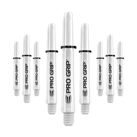 Varillas Target Pro Grip - 3 juegos - Color blanco Auf dem Bild sind neun weiße Dart-Schäfte mit der Aufschrift "Pro Grip" abgebildet. Sie sind gleichmäßig angeordnet und wirken hochwertig verarbeitet.