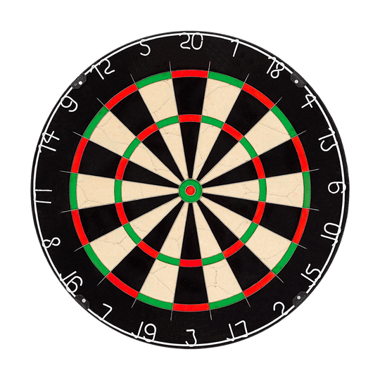 NPQ Steeldartboard Das Bild zeigt eine klassische Dartscheibe mit schwarzen, weißen, roten und grünen Feldern. Es handelt sich um das Produkt „NPQ Steeldartboard“.