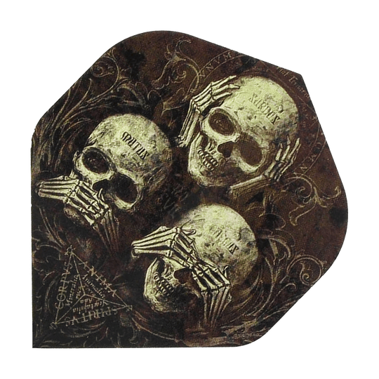 ALC5_Alchemy_No_Evil_Standard_Flights_1 Das Bild zeigt drei Totenköpfe, die nach dem Prinzip „nichts sehen, nichts hören, nichts sagen“ jeweils die Augen, Ohren oder den Mund bedecken. Die Gestaltung wirkt dunkel und mystisch, passend zum Produkt „Alchemy No Evil No2 Standard Flights“.