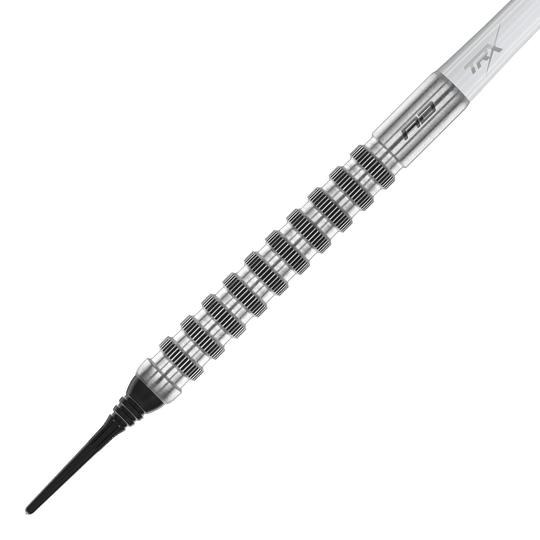 Dardos blandos Red Dragon Javelin Speedline - 20 g Das Bild zeigt einen Red Dragon Javelin Speedline Softdart mit einem Gewicht von 20g. Der Dart hat ein silbernes, geriffeltes Barrel und eine schwarze Softspitze.