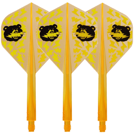 Hacha de cóndor Oso Negro Miyu Miyawaki Eje de vuelo Naranja neón - Estándar Das Bild zeigt vier neonorange Dartflights mit gelbem Blitzmuster und einem schwarzen Bärenkopf darauf. Die Flights sind in Standard-Form gestaltet und tragen den Namen "Condor Axe Black Bear Miyu Miyawaki".