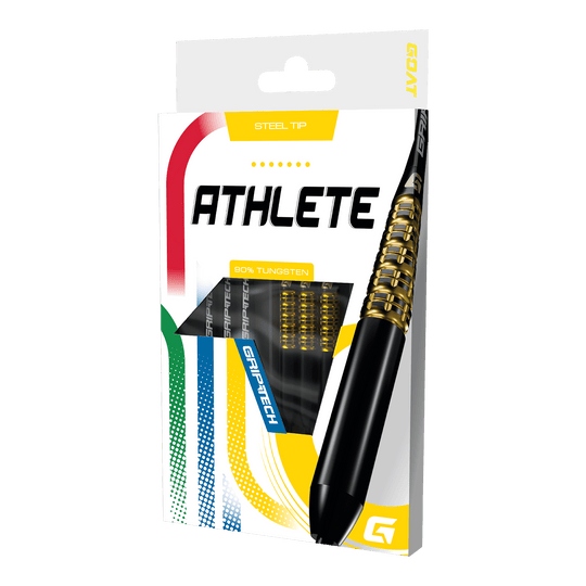 Dardos de acero de tungsteno amarillo GOAT Athlete Das Foto zeigt einen gelben Tungsten-Steeldart. Das Produkt wird als 'GD7000770 GOAT Athlete Yellow Tungsten Steeldarts 3' bezeichnet.