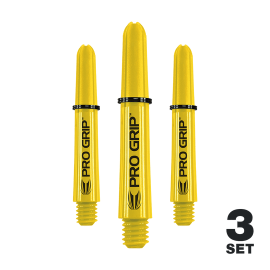 Varillas Target Pro Grip - 3 juegos - Amarillo Auf dem Bild sind drei gelbe Dartschäfte mit der Aufschrift "PRO GRIP" zu sehen. In der rechten unteren Ecke steht "3 SET".