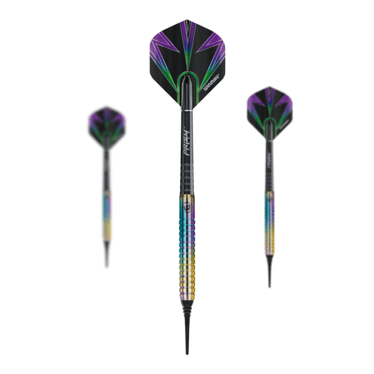 Dardos Winmau Foxfire Urban Soft - 20 g Das Bild zeigt drei Winmau Foxfire Urban Softdarts mit einem Gewicht von 20g. Die Darts haben auffällige, bunte Flights mit lila und grünen Blitzmustern sowie einen metallisch schimmernden Griff.