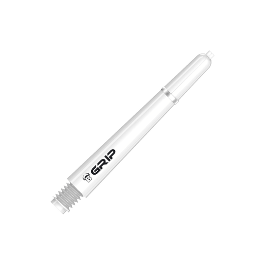 BS55069_Bulls_B-Grip-2_SL_Shafts_Weiss_41mm_2 Das Bild zeigt einen weißen Bulls B-Grip-2 SL Schaft für Dartpfeile. Auf dem Schaft ist das Wort "GRIP" in schwarzer Schrift zu sehen.