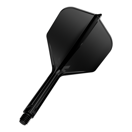 Sistema de vuelo Target K-Flex No6 - Negro Das Bild zeigt einen schwarzen Dartflügel mit Schaft auf schwarzem Hintergrund. Der Schaft ist mit einem Gewinde versehen und die Oberfläche wirkt glänzend.