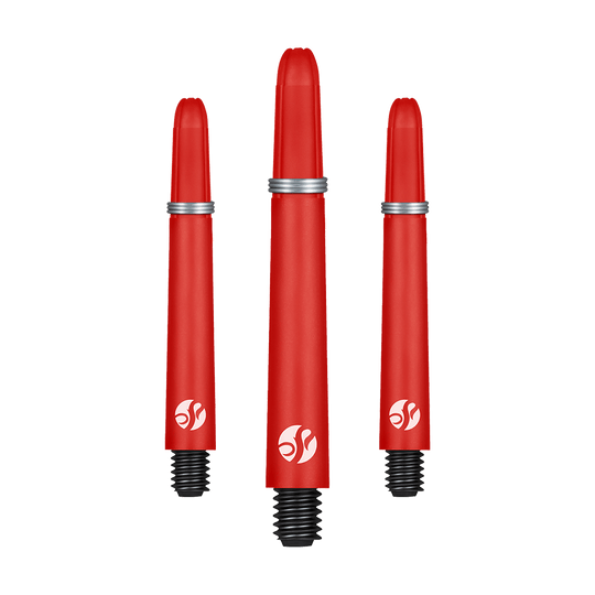 Flechas de carbono Shot Koi - Rojo Das Bild zeigt drei rote Dartschäfte mit schwarzen Gewinden und silbernen Ringen. Alle drei Schäfte haben ein weißes Logo aufgedruckt.
