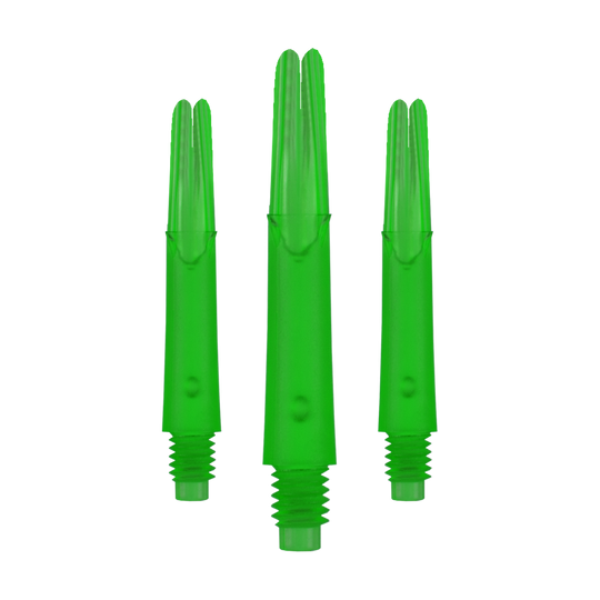Ejes en L estilo L bloqueados rectos - Verde Auf dem Bild sind drei gerade, grüne Dartschäfte ohne Kappen zu sehen. Sie sind durchsichtig und haben am unteren Ende ein Gewinde.