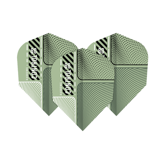 Vuelos de control principal de Harrows nº 6 Das Bild zeigt drei Harrows Prime Control No6 Flights für Darts. Die Flights haben ein modernes, grünes Design mit grafischen Mustern und dem Aufdruck "Control 80".