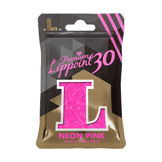 Die Abbildung zeigt eine Packung „L-Style Premium Lippoints 30 (30er Pack) - 30mm“ in Neon Pink. Die Verpackung ist schwarz-gold mit einem großen „L“ und einer Sichtöffnung, die die pinken Spitzen zeigt.
