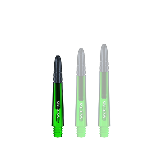 7025-104_Winmau_Vecta_Shafts_Gr-n_34mm_1 Das Bild zeigt drei grüne Winmau Vecta Shafts in unterschiedlichen Längen. Die Spitzen der Shafts sind schwarz und auf jedem steht der Schriftzug "Vecta".