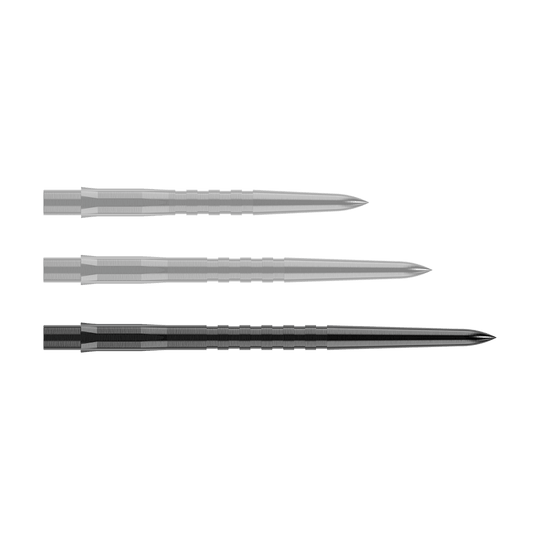 Puntas de dardos Mission Caliburn EVO - Ranuradas - Negras Auf dem Bild sind drei schwarze, gerillte Stahlspitzen für Steeldarts zu sehen. Sie liegen parallel nebeneinander auf einem neutralen Hintergrund.