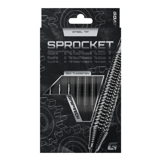 Dardos de acero de tungsteno GOAT Sprocket Die Abbildung zeigt die Verpackung der GOAT Sprocket Tungsten Steeldarts. Auf der Packung sind die Eigenschaften wie "Steel Tip" und "90% Tungsten" deutlich hervorgehoben.