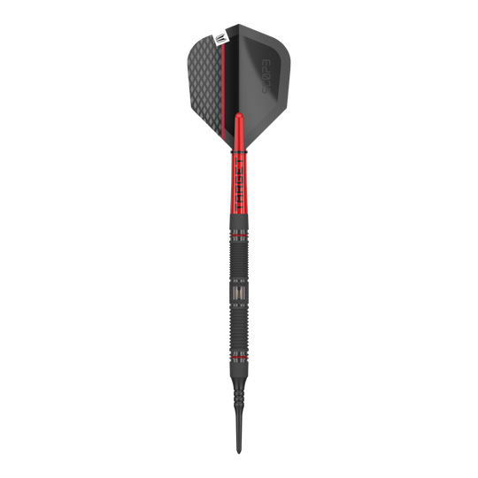 Target Scope 10 dardos blandos Das Bild zeigt einen Target Scope 10 Softdart. Der Dartpfeil hat ein schwarzes und rotes Design mit einer strukturierten Spitze und einer schwarzen Flight.