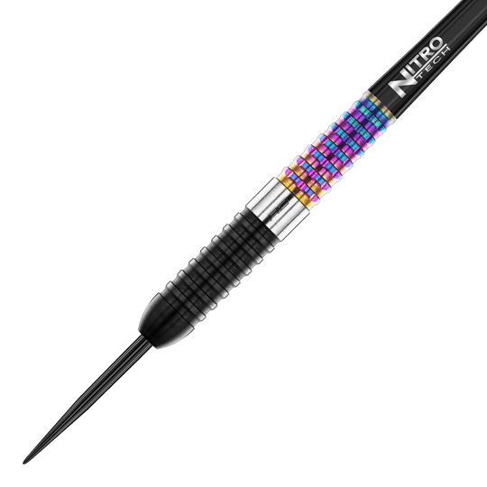 Das Bild zeigt einen Red Dragon Peter Wright Corra Steeldart. Der Dartpfeil hat einen auffälligen, bunten Griffbereich und eine schwarze Spitze.