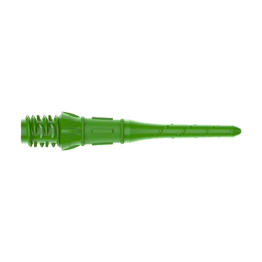Premium Lippoints (30er Pack) - Spitzen Das Bild zeigt eine grüne Kunststoffspitze für Softdarts. Sie hat ein geriffeltes Gewinde und eine schlanke, längliche Form.