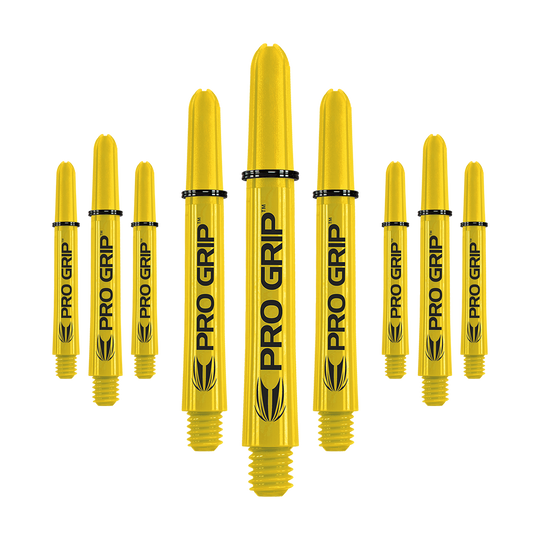Varillas Target Pro Grip - 3 juegos - Amarillo Das Bild zeigt mehrere gelbe Dartschäfte mit der Aufschrift "PRO GRIP". Die Schäfte sind in einer Reihe angeordnet und haben ein einheitliches Design.