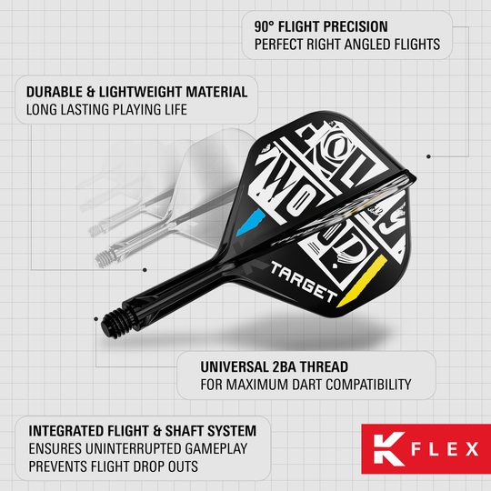 Sistema de eje de vuelo estándar Target K-Flex Chris Dobey No2 Das Bild zeigt das Produkt "Target K-Flex Chris Dobey No2 Standard Flights" für Darts. Es hebt die langlebigen und leichten Materialien, die präzisen 90°-Flüge sowie das integrierte Flight- und Schaftsystem hervor.