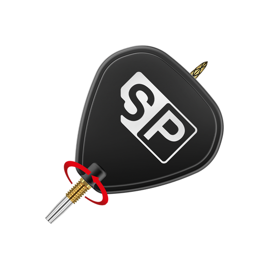 Puntas de dardo Target Swiss DS Surge Point - Oro Das Bild zeigt eine schwarze Dartspitze mit der Aufschrift "SP" auf dem Flight. Ein roter Pfeil zeigt eine Drehbewegung an der goldenen Verschraubung der Spitze.