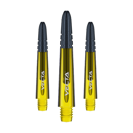 7025-106_Winmau_Vecta_Shafts_Gelb_34mm_1 Das Bild zeigt drei gelbe Winmau Vecta Shafts für Darts. Die Schäfte haben einen schwarzen oberen Teil und ein silbernes Logo.