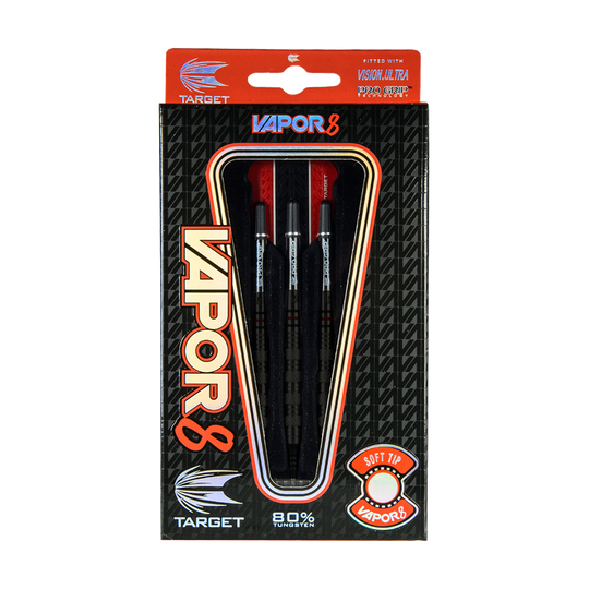 Dardos blandos Target Vapor8 05 - 18 g Das Bild zeigt die Verpackung der "Target Vapor8 05 Softdarts - 18g". In der Packung befinden sich drei schwarze Softdarts mit roten Flights.