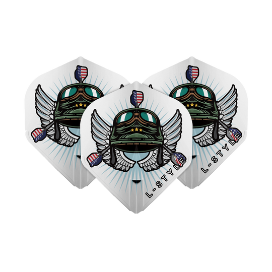 L-Style_Leonard_Gates_V3_White_L1EZ_Flights_1vyGGYwkxdhUgb Das Bild zeigt drei weiße L-Style Leonard Gates V3 L1EZ Flights. Auf den Flights befindet sich ein farbenfrohes Design mit Fliegerhelm, Flügeln und amerikanischen Flaggen.