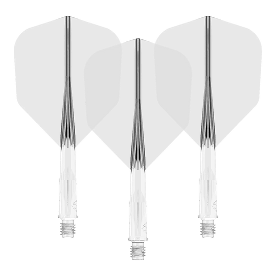 Sistema de eje de vuelo Mission Force 90 No6 - Transparente Auf dem Bild sind drei klare Dart-Flights mit passenden transparenten Schäften zu sehen. Sie sind nebeneinander angeordnet und zeigen eine einheitliche, schlichte Optik.