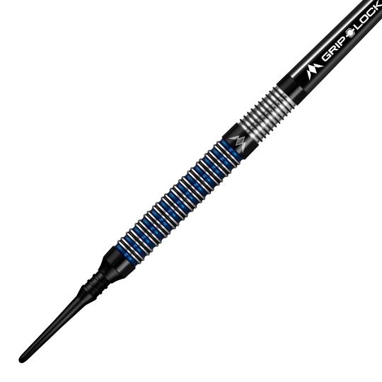 dardos blandos Mission Nightfall Modelo 1 Das Bild zeigt einen Mission Nightfall Model 1 Softdart mit einem schwarzen und blauen Ringdesign am Griff. Der Dart besitzt eine feine Riffelung für besseren Halt und eine schwarze Softspitze.