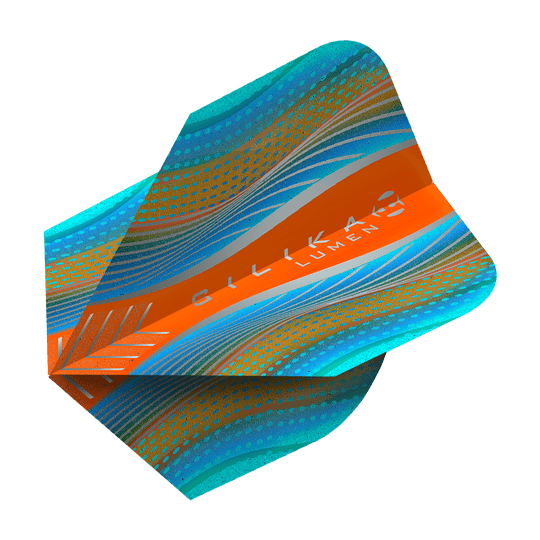 HF5126_Harrows_Silikia_Lumen_Cyan_Orange_No6_Flights_2 Das Bild zeigt das Produkt "Harrows Silika Lumen Cyan Orange No6 Flights". Die Flugfeder ist in den Farben Cyan, Orange und Blau gestaltet und hat ein modernes, liniertes Muster.