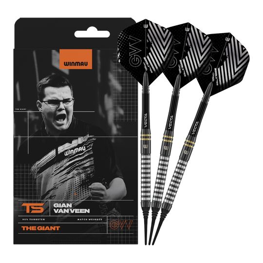 Dardos blandos Winmau Gian Van Veen TS - 18 g Winmau Gian Van Veen TS Softdarts mit 18g werden komplett dargestellt. Alle drei Darts sind zusammen zu sehen.