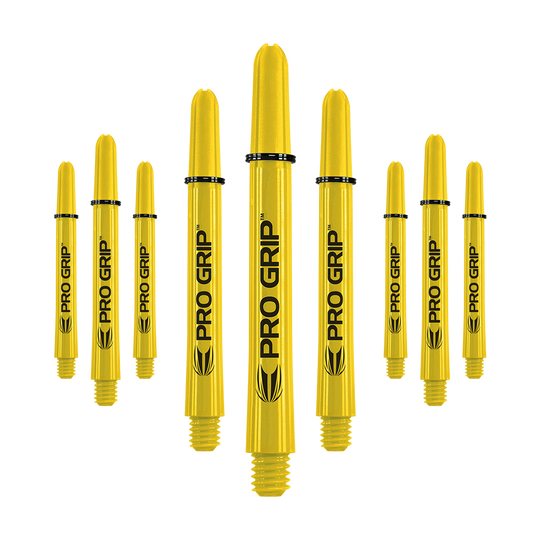 Varillas Target Pro Grip - 3 juegos - Amarillo Das Bild zeigt neun gelbe Dartschäfte mit der Aufschrift "PRO GRIP". Sie sind in drei Reihen angeordnet und haben schwarze Ringe zur Befestigung.
