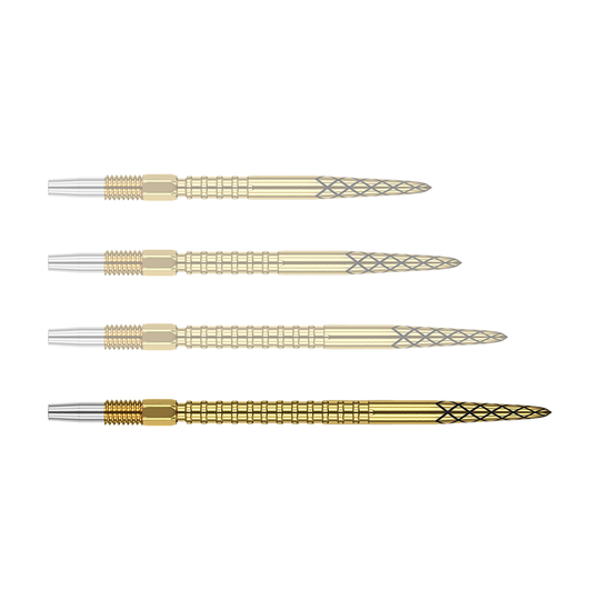 Puntas de dardos Target Swiss DS Surge Point - Doradas Das Bild zeigt vier goldene Dartspitzen mit einem silbernen Gewinde. Die Spitzen haben ein schwarz eingraviertes Rautenmuster.
