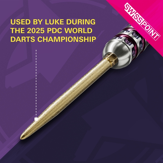 Puntas de dardos Target Swiss Point SLK - doradas Auf dem Bild ist die goldene Target Swiss Point SLK Dartspitze zu sehen. Im Text wird hervorgehoben, dass sie von Luke während der PDC Darts-Weltmeisterschaft 2025 benutzt wurde.