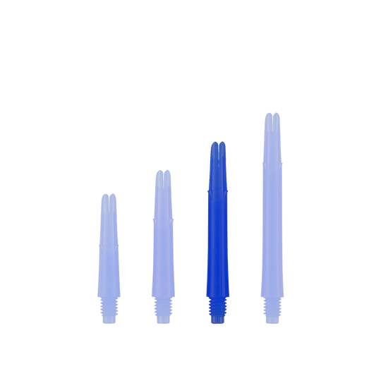 Ejes en L bloqueados rectos estilo L - Azul Auf dem Bild sind vier blaue, gerade Dartschäfte in unterschiedlichen Längen zu sehen. Sie stehen aufrecht nebeneinander auf weißem Hintergrund.